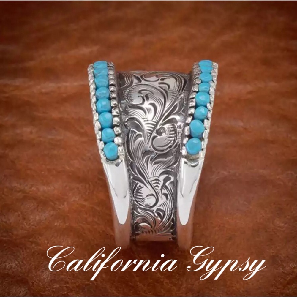 Turquoise Beaded Etched Silver Etched Boho Ring - Picture 3 of 5
